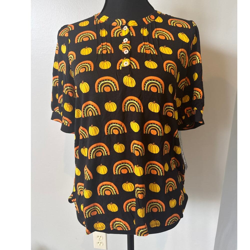 Modcloth Winning Them Over Pumpkin Rainbow Fall Halloween Black Top Women M NWT